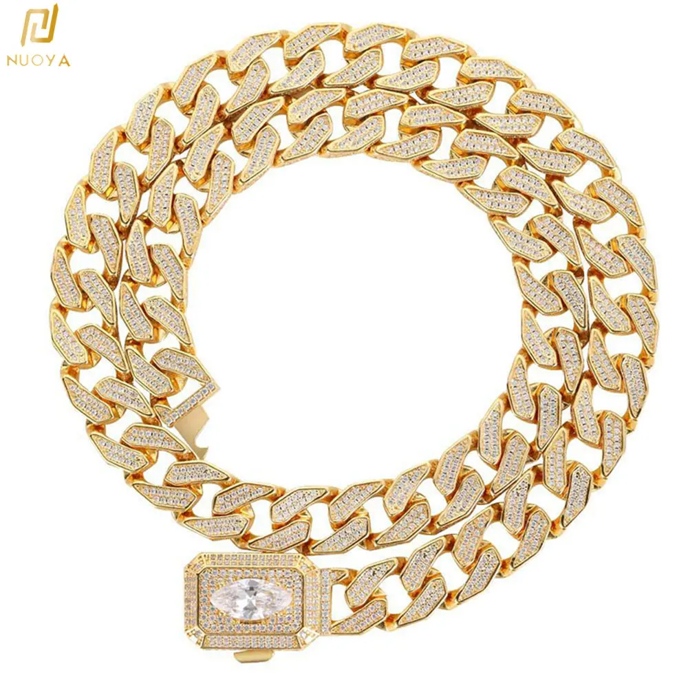

12mm Men's Hip-Hop Jewelry Gold Chain Micro Insert Large Eyes Shape White Zircon Cuban Chain Iced Out Necklace