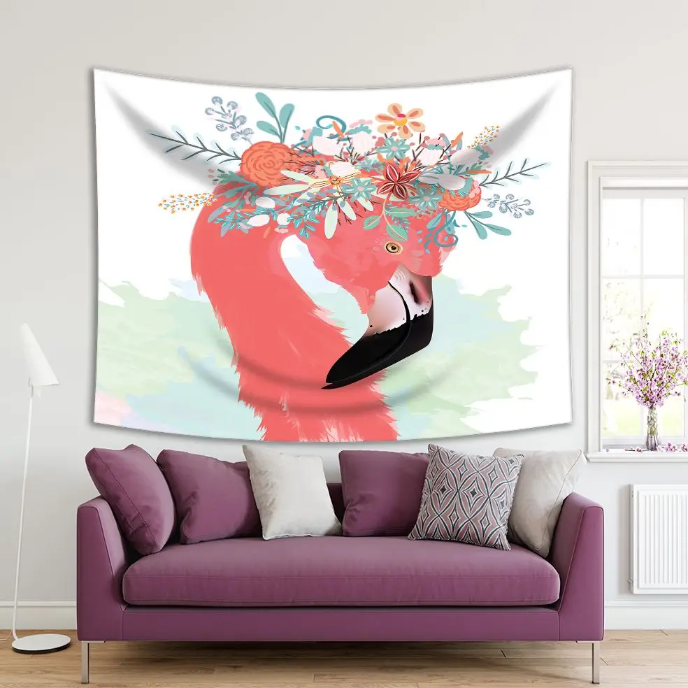 

Tapestry Flamingo Floral with Wreath Flowers on Head Stylish Bird Nature Art Pink White blue Yellow