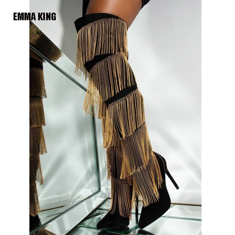 

EMMA KING Women Fashion Fringe Embellished Over The Knee Boots Lady Elegant Crystal High Heel Dancing Party Long Boots 2020