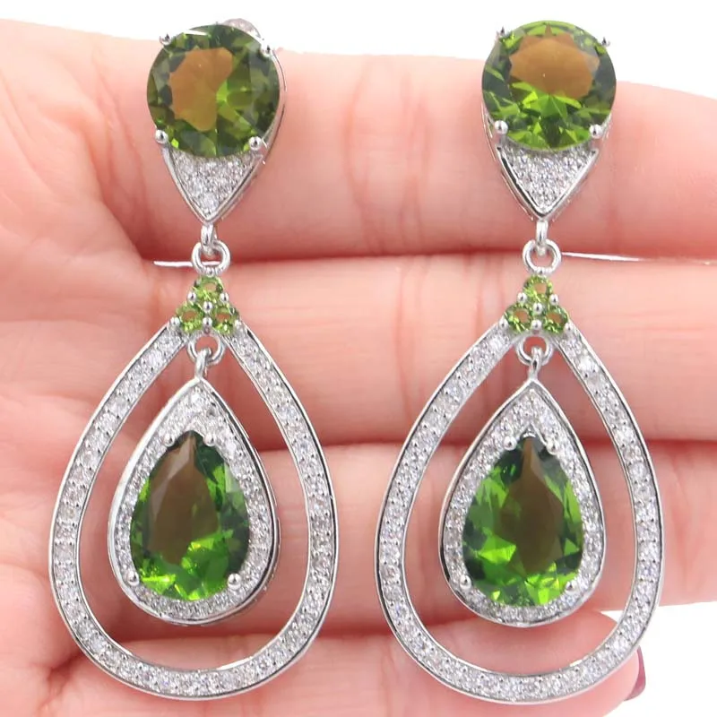 

56x24mm Deluxe Big Heavy 13g Green Peridot Pink Kunzite White Cz Woman's Wedding Silver Earrings Drop Shipping