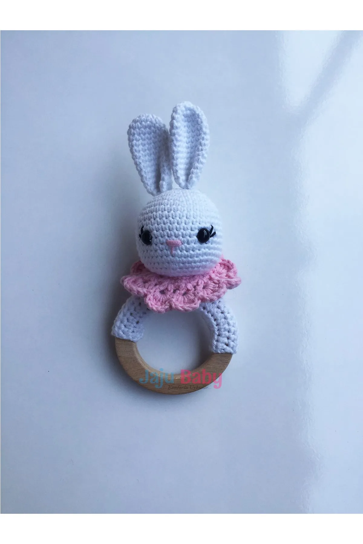 

Jaju Baby Handmade, Amigurumi Pink Rabbit Rattle with Teether 14 cm
