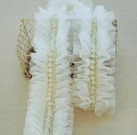 1 yard off white ruffled tulle trim with pearl beaded pleated mesh trim tutu dress fabric ruffle mesh wedding decors