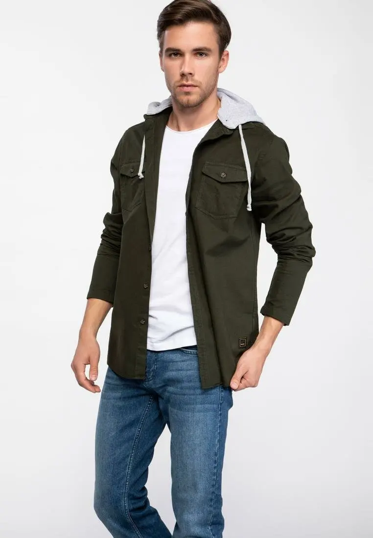 DeFacto Мужская армейская зеленая зимняя плотная рубашка с длинным рукавом мужская