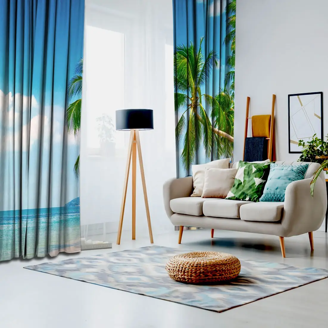 Занавеска тропический пляж пальмы с вокруг пушистых облаков на небе сохранять