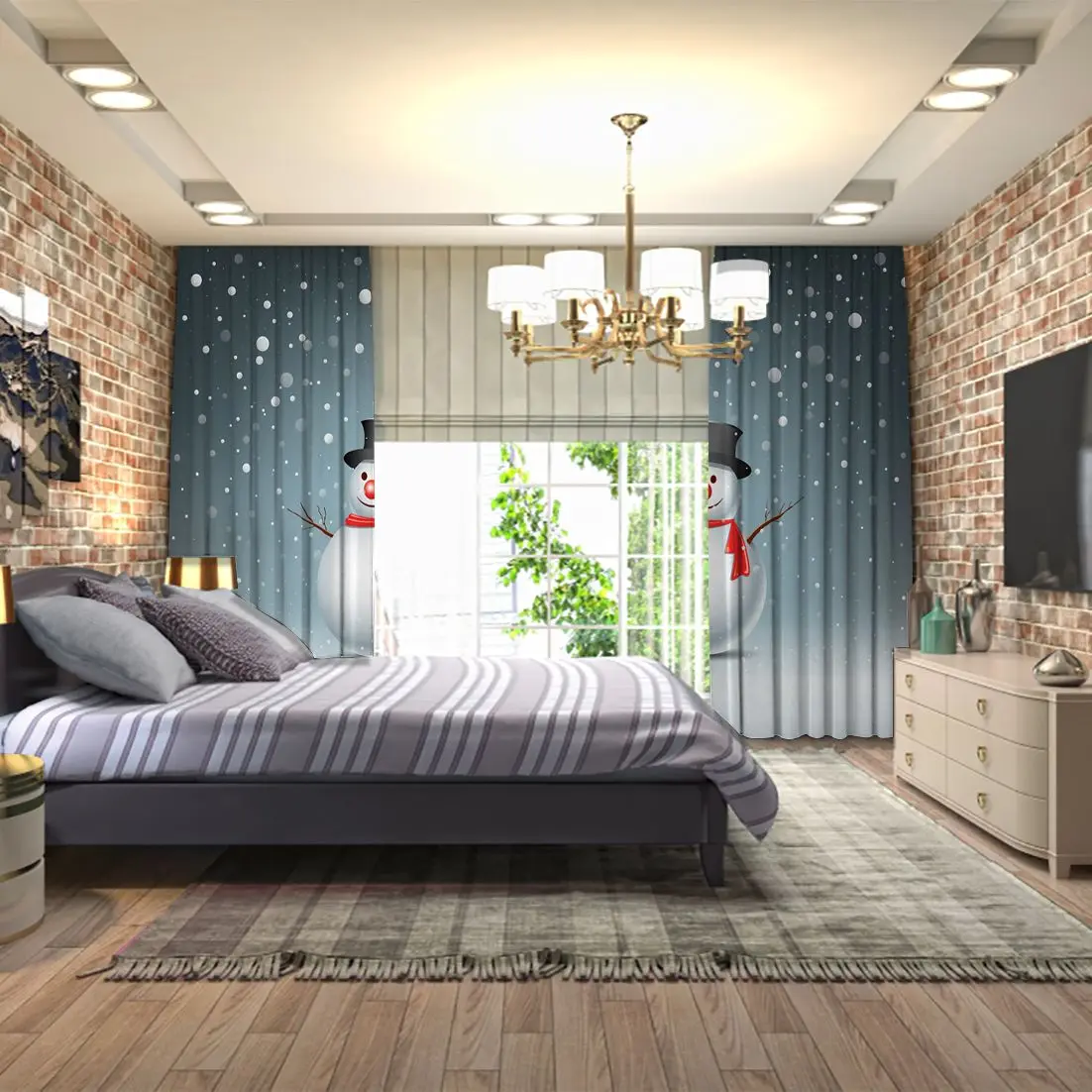 Занавеска с рождественским снеговиком снежные хлопья на сером фоне изображением