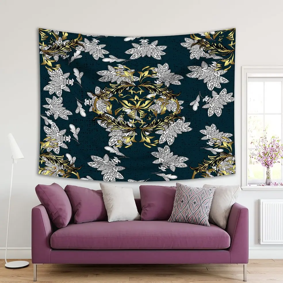 

Tapestry Classic Floral Golden Pattern on Dark Blue Background Oriental Ornament Baroque Style Artwork Gray Yellow