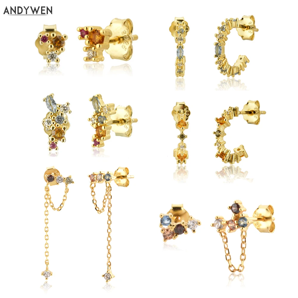 ANDYWEN-Mini pendientes de tuerca de plata de ley 100% 925, arcoíris colorido, Circonia cúbica, trepador redondo, joyería fina de lujo, 2021