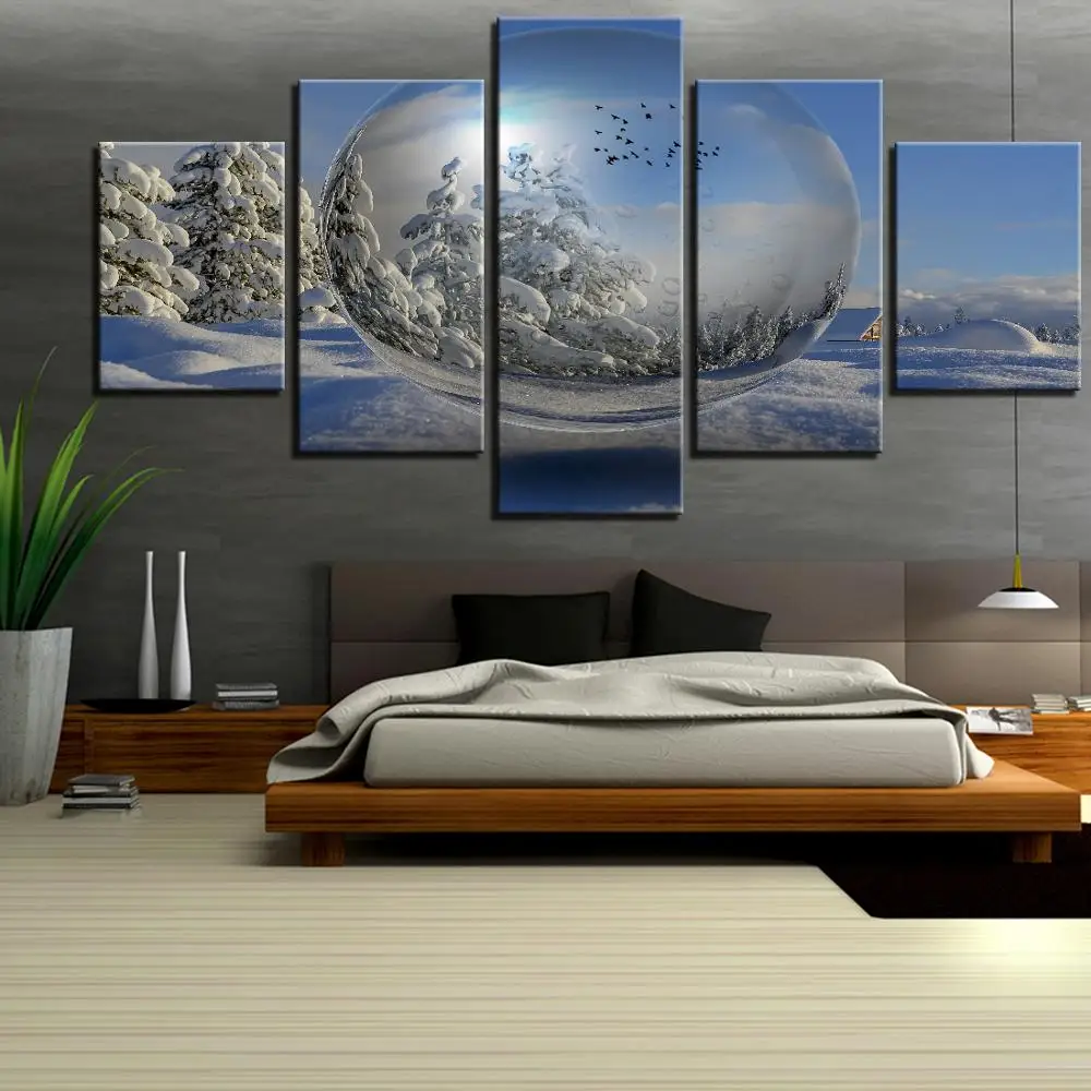 

5 Pieces Snow Canvas Painting Ice Ball Bubbles Posters Winter and Tree Pictures Landscape Wallpapers for Home Room Kitchen Decor
