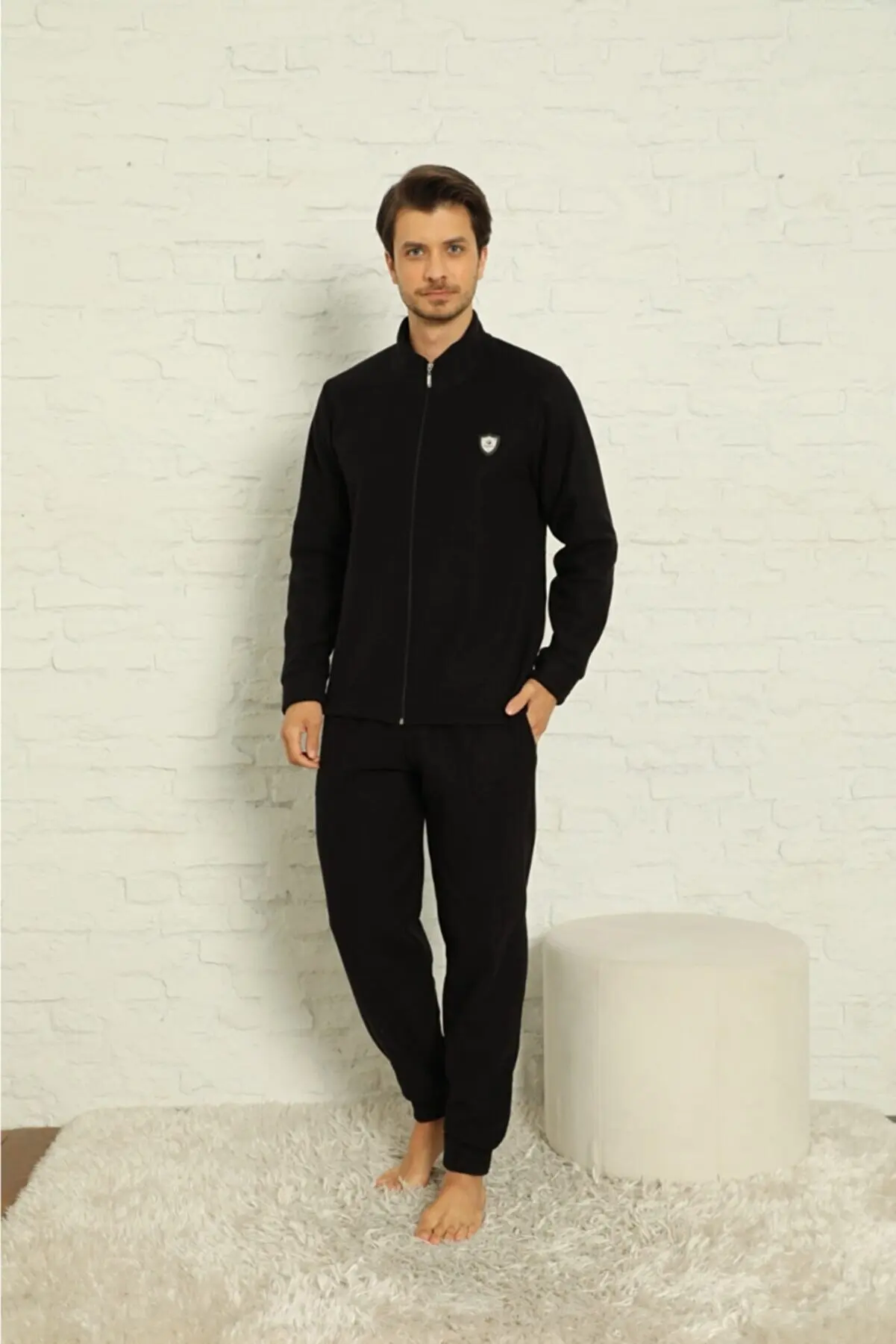 Men's Black Winter Fleece Front Zipper Pajamas Set Winter Warm Comfortable Male Sleepwear Solid Color Pyjamas Suit Home Clothes