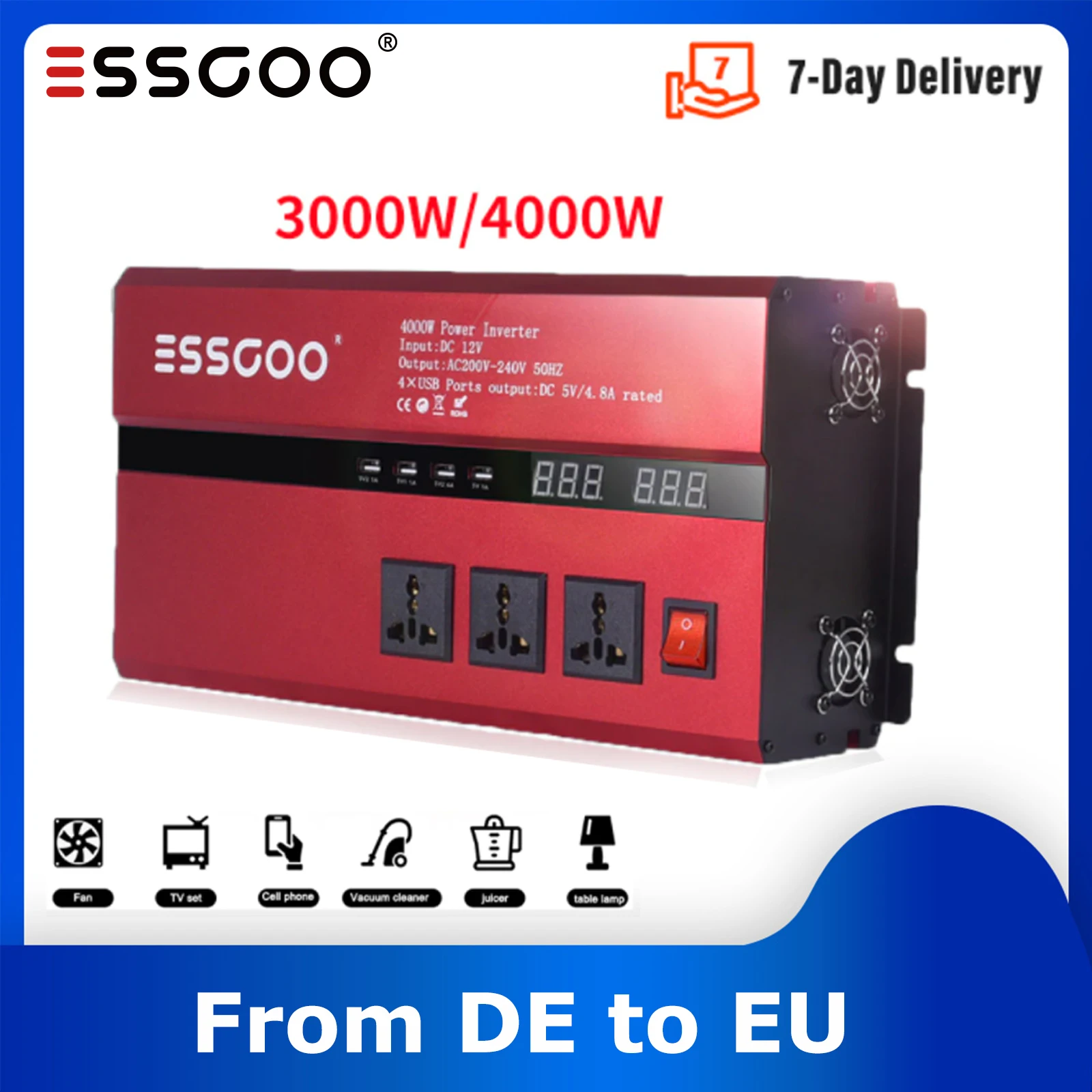 

ESSGOO Inverter 12V 220V 3000W 4000W Car Power Inverter DC 12V to 22V Modified Sine Wave Invert Adapter Digital Display portable