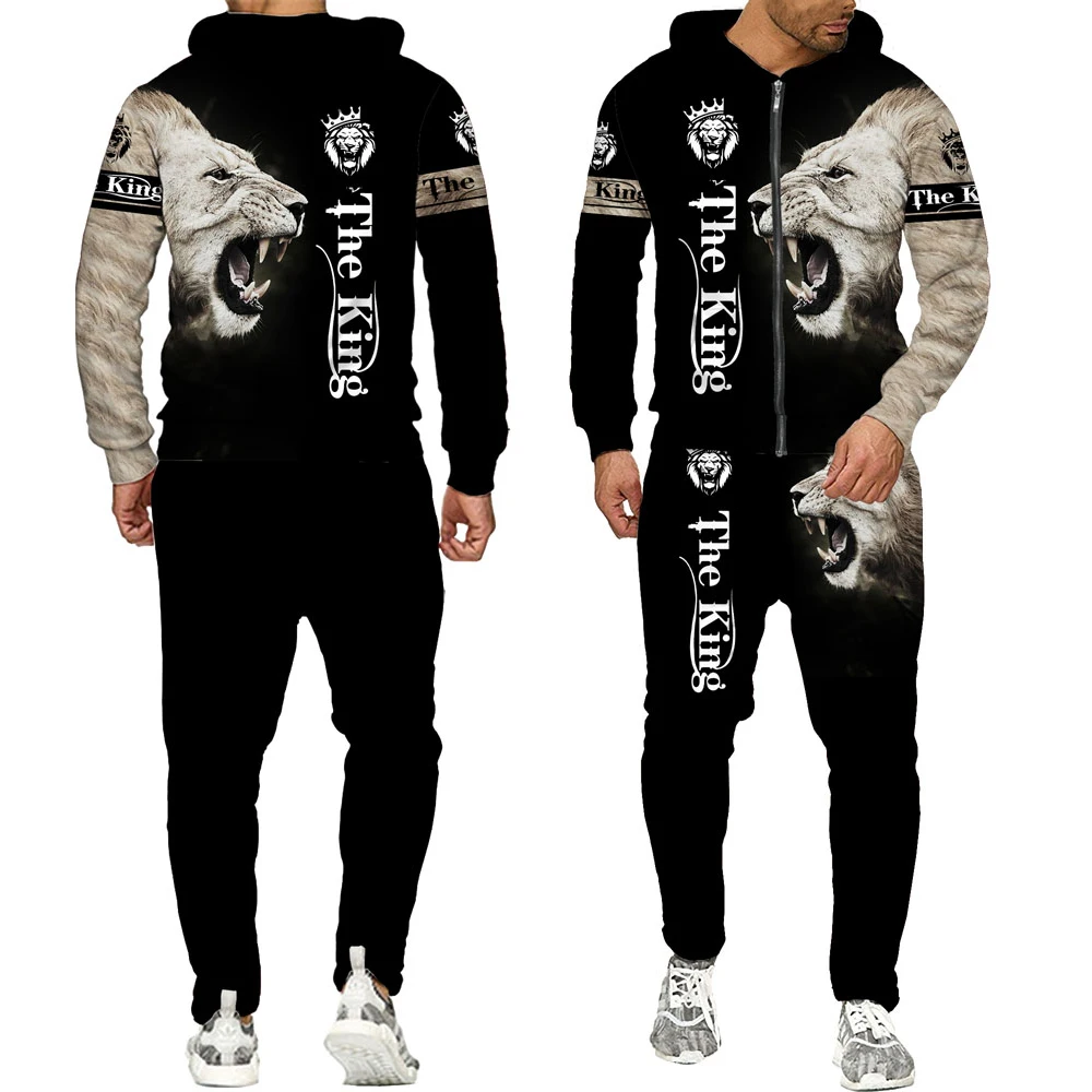 Personality Animal Cool Lion 3D All Over Print Tracksuits Men Fashion Zipper Hoodie Pants 2 Pcs Set Sport Suits
