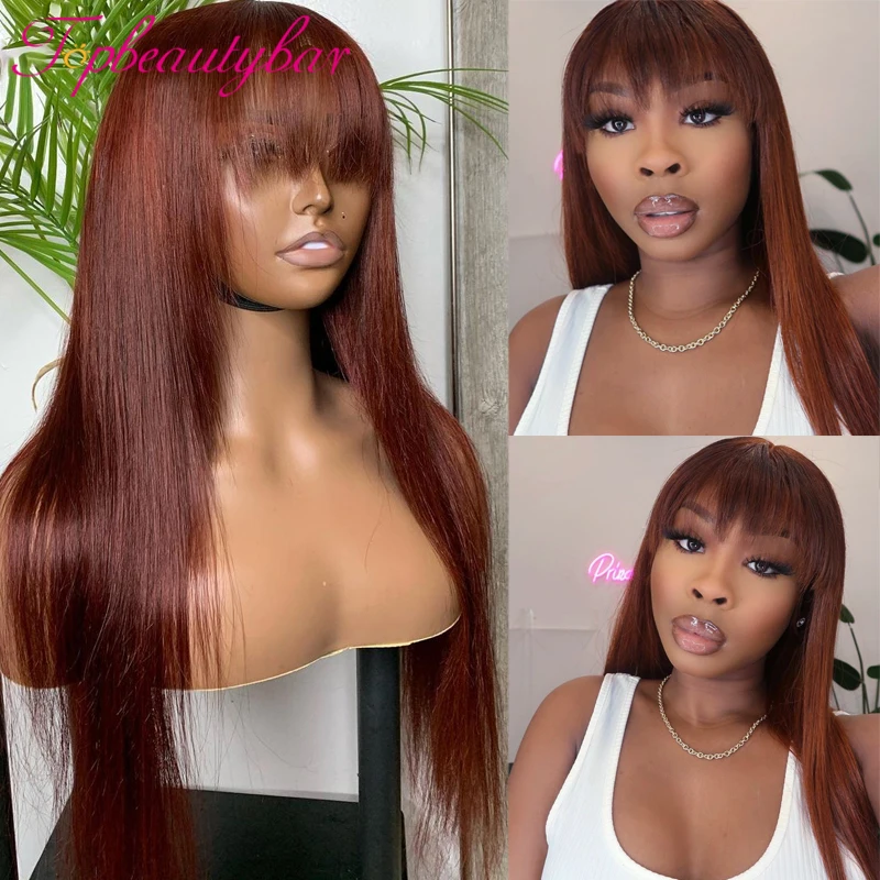 Red Brown Straight Hair With Bangs Lace Front Human Hair Wigs 180Density Brazilian Remy 13x4 Dark Red Brown Color Lace Front Wig
