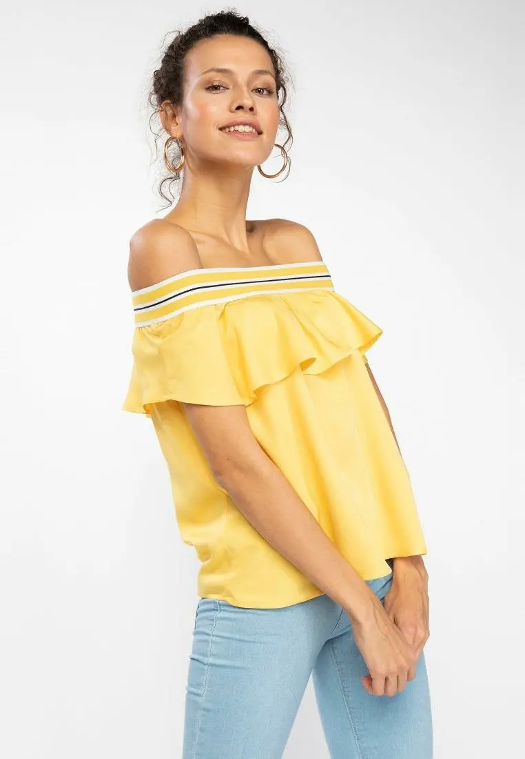 DeFacto Женская стильная Осенняя блузка с открытыми плечами женская желтая красная