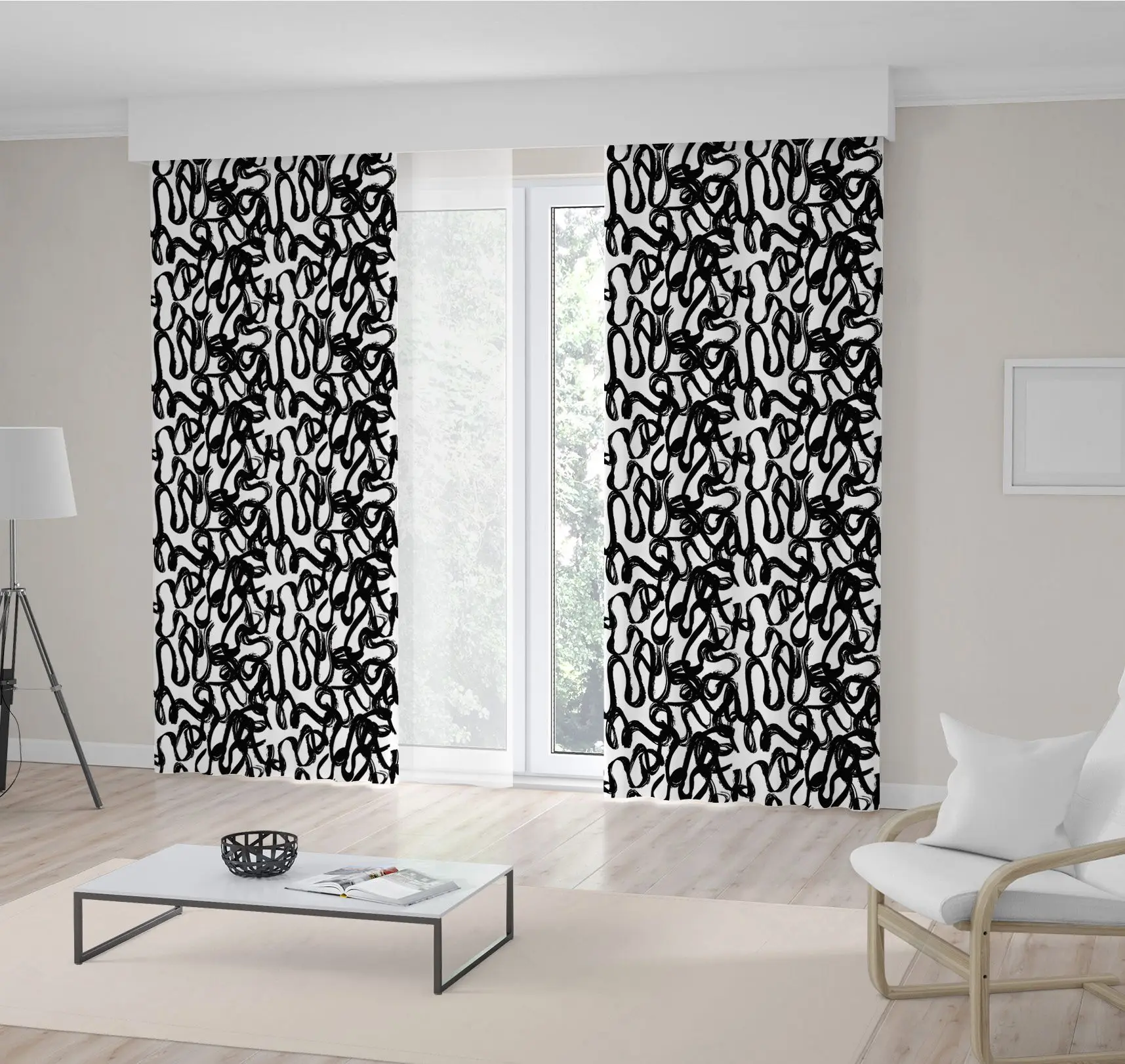 

Curtain Brush Strokes Hand Drawn Style Black and White Modern Design Artwork Home Decoration