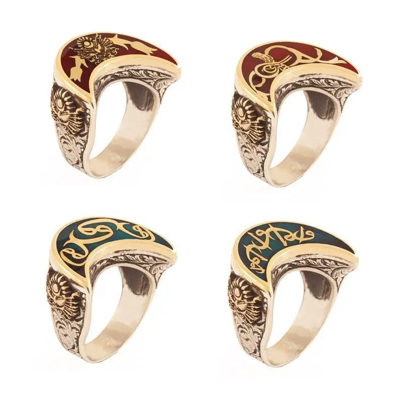 

925 Sterling Crescent Case Ottoman Empire Coat of Arms Patterned Silver Ring Fashion Turkish Premium Quality Handmade Jawelery