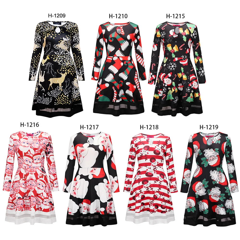

Women's Xmas Dress Snowman Snow Reindeer Vintage Printed Long Sleeve Christmas Party A-Line Dress Perspective Mesh Patchwork