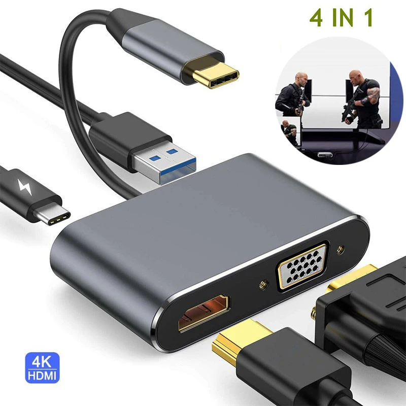 Адаптер VGA 4 в 1 с USB Type C на 4K преобразователь Аудио и видео PD 87 Вт быстрая зарядка