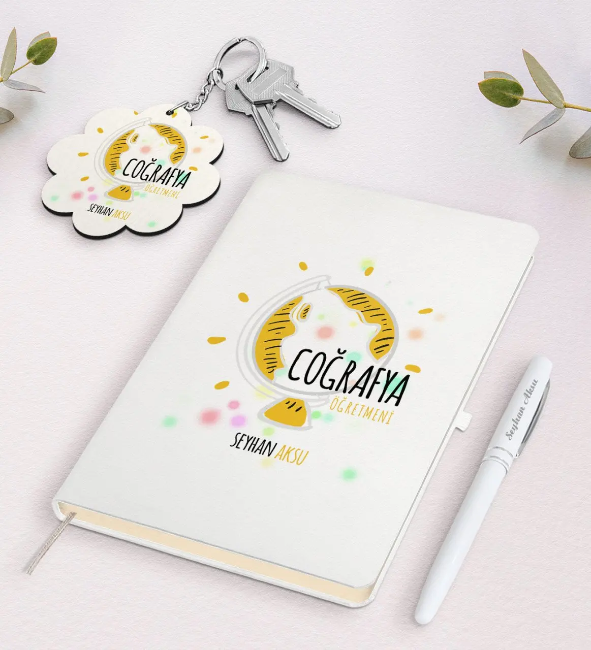

Personalized Geography Teacher White Notebook Pen And Keychain Gift Seti-3