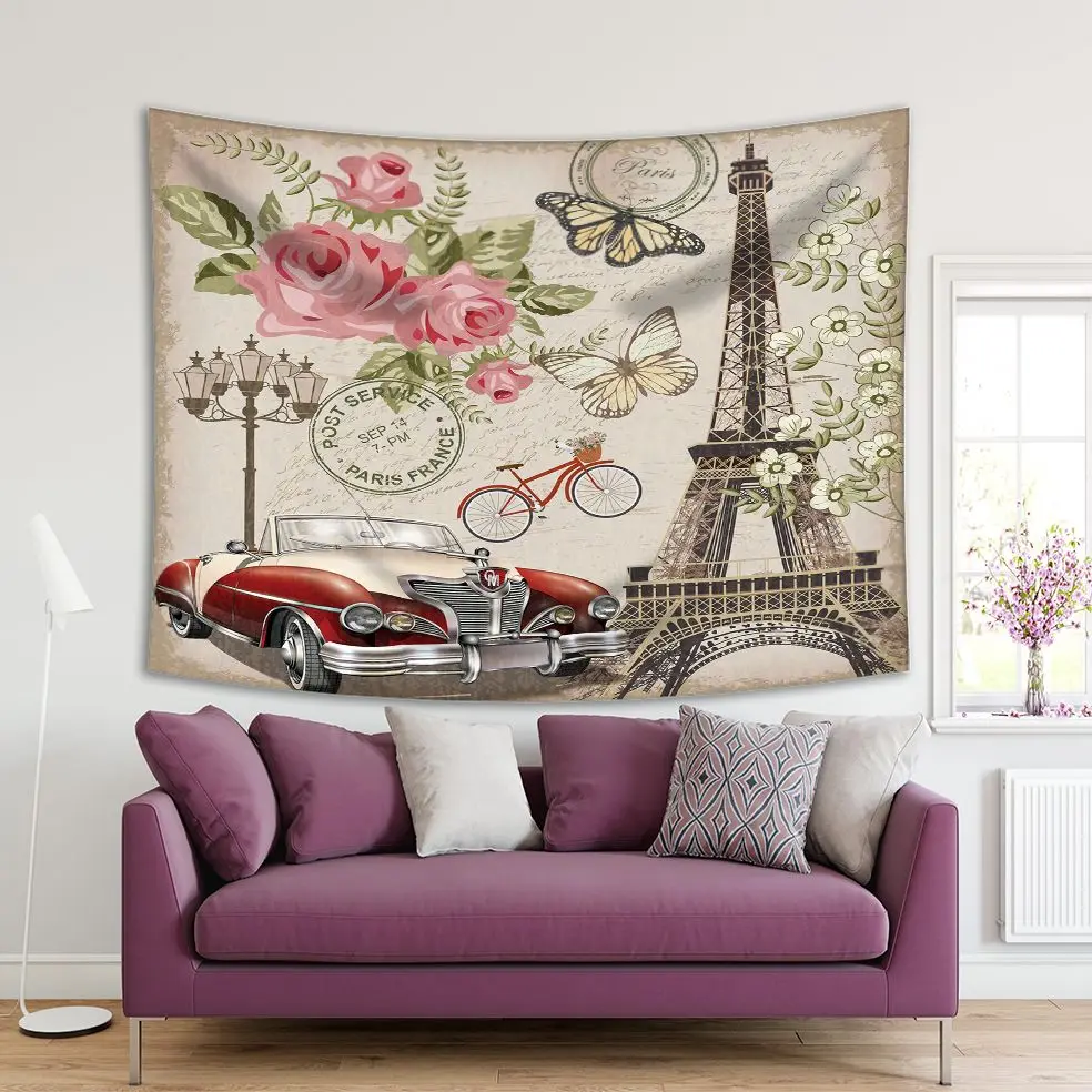 

Tapestry Paris Eiffel Tower Rose Flowers Bicycle Vintage Car Butterflies Romantic Postcard Red Pink Green Artwork Print