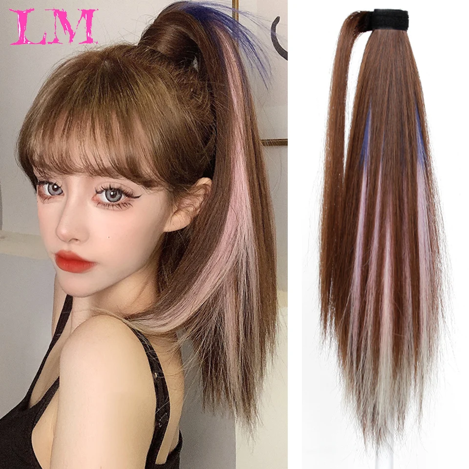 LM Long Straight Ponytail Tied to the Hair Extension Brown Blue Powder Highlighting Synthetic Hair Long Ponytail Heat-Resistant