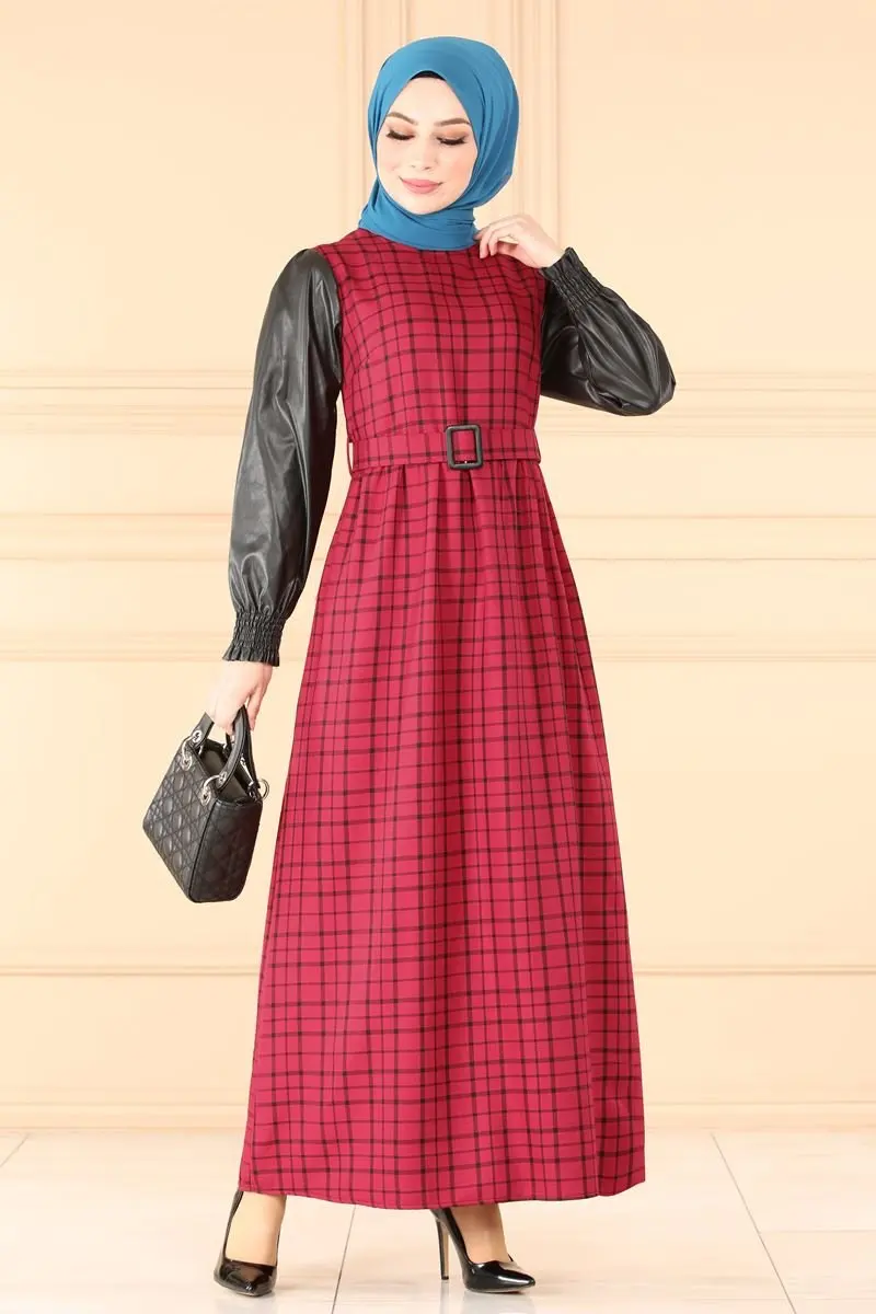 

Leather Detailed Hijab Dress Pattern 2022 new fashion Muslim casual suit sets hijab