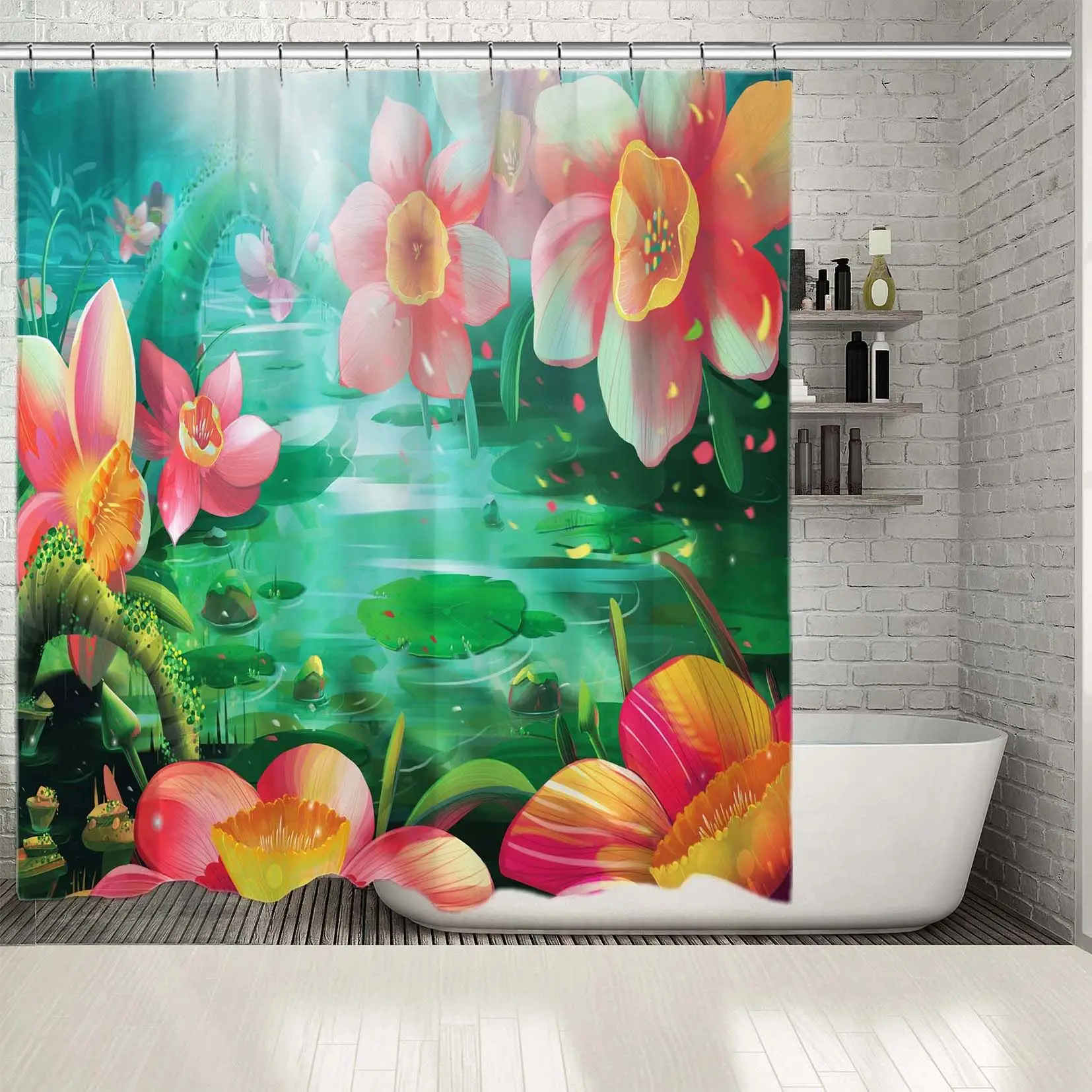 Занавеска для душа с рекой Волшебные Цветы Растения Сказочный Сад лес