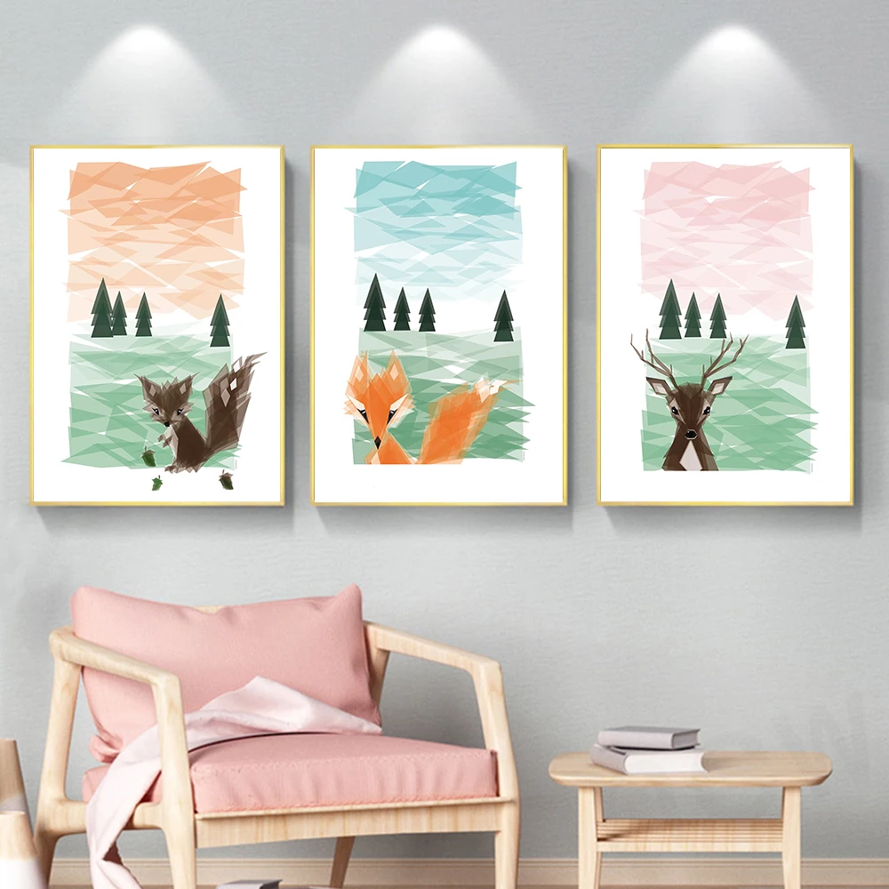 

Nursery Wall Art Canvas Poster Deer Foxie Forest Scape Print Painting Wood Squirrel Pictures Nordic Living Room Home Decor