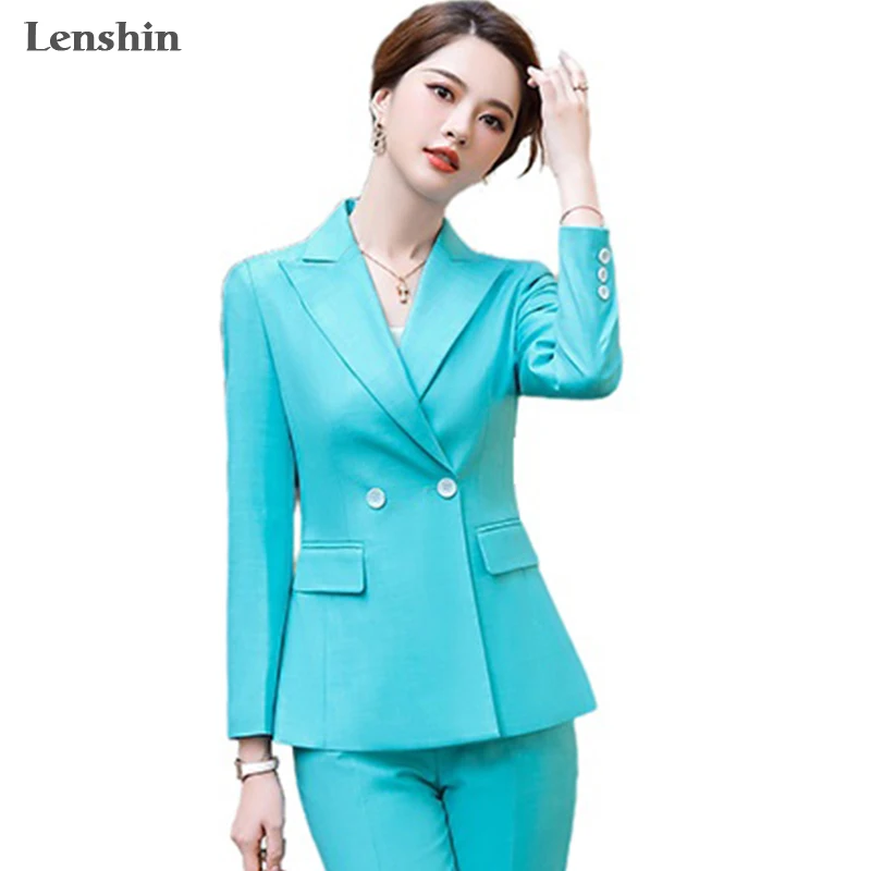 Lenshin High-Quality Laday's Turquoise Business Set For Women Pant Suits Office Wear Single Breasted Blazer with Trousers