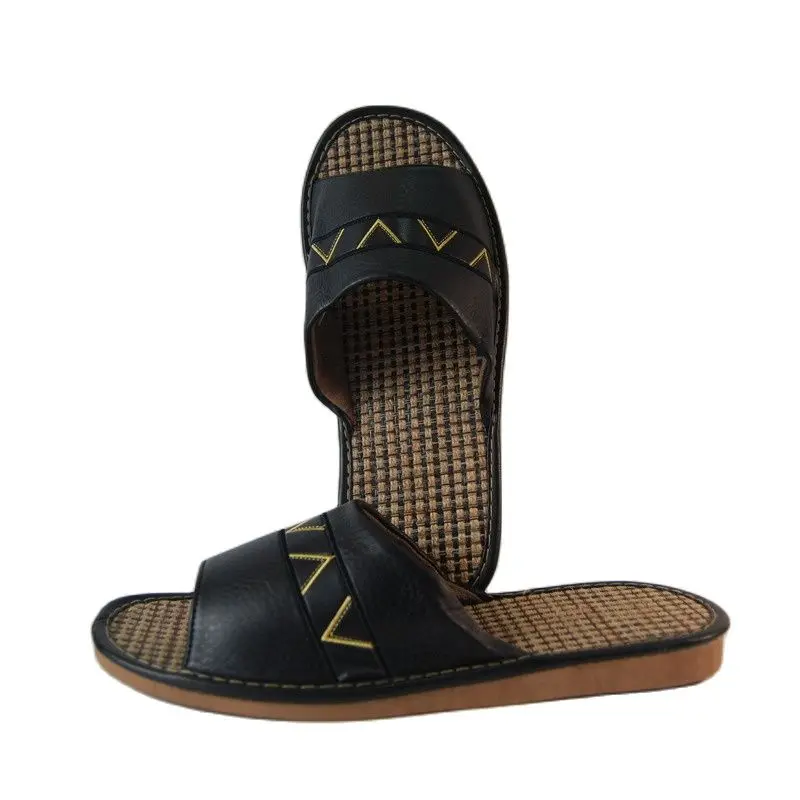 Шлепанцы мужские домашние из эко-кожи со стелькой льна и бамбука тапочки обувь