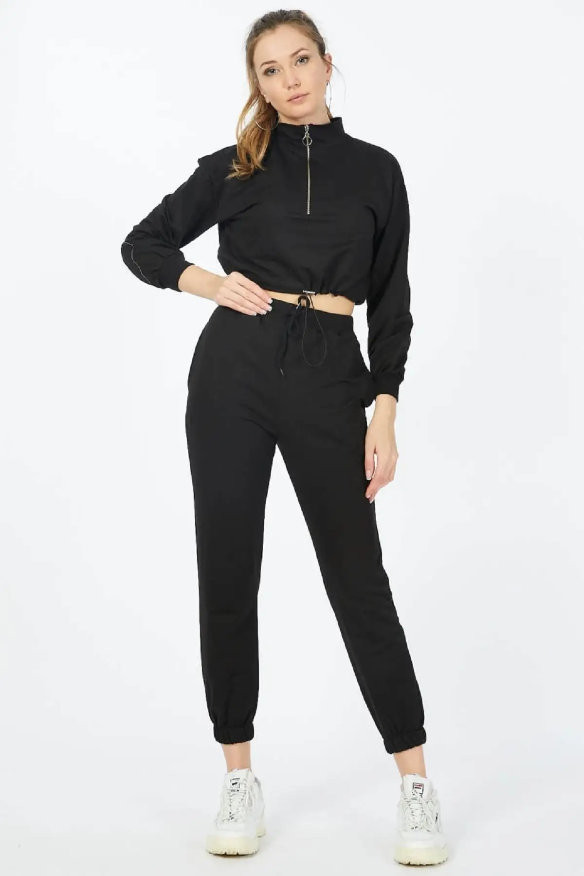 ADROM Kadın Siyah Göbeği Açık Nikel Fermuarlı Eşofman Takımı