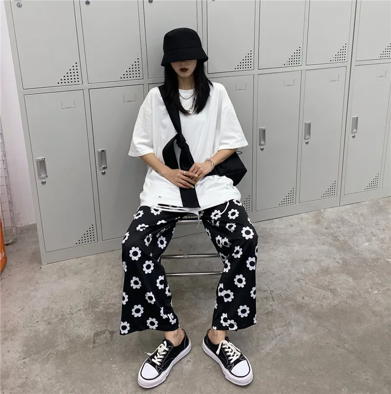 New Summer Daisy Flower Print Pants Korean Version Harajuku Style Loose Pants Full Length Pants Streetwear Wide Leg Pants