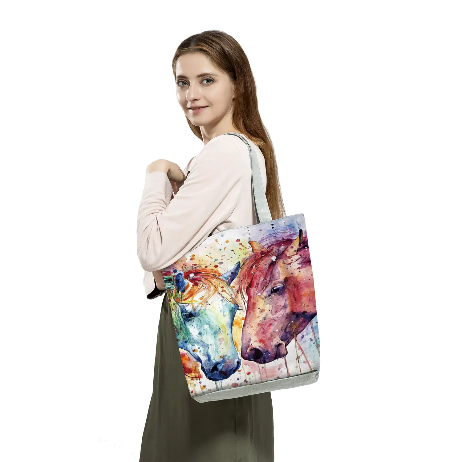 Watercolor Horse Print Shopping Bag Tote Folding Reusable Traveling School Shoulder Bag Casual Handbags For Women Custom Pattern