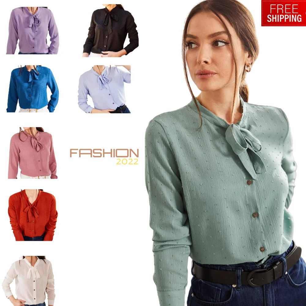 

Женская рубашка с длинным рукавом и принтом, сезон лето-весна 2022, хлопковый шарф с галстуком, Повседневные Удобные однотонные свободные топ...