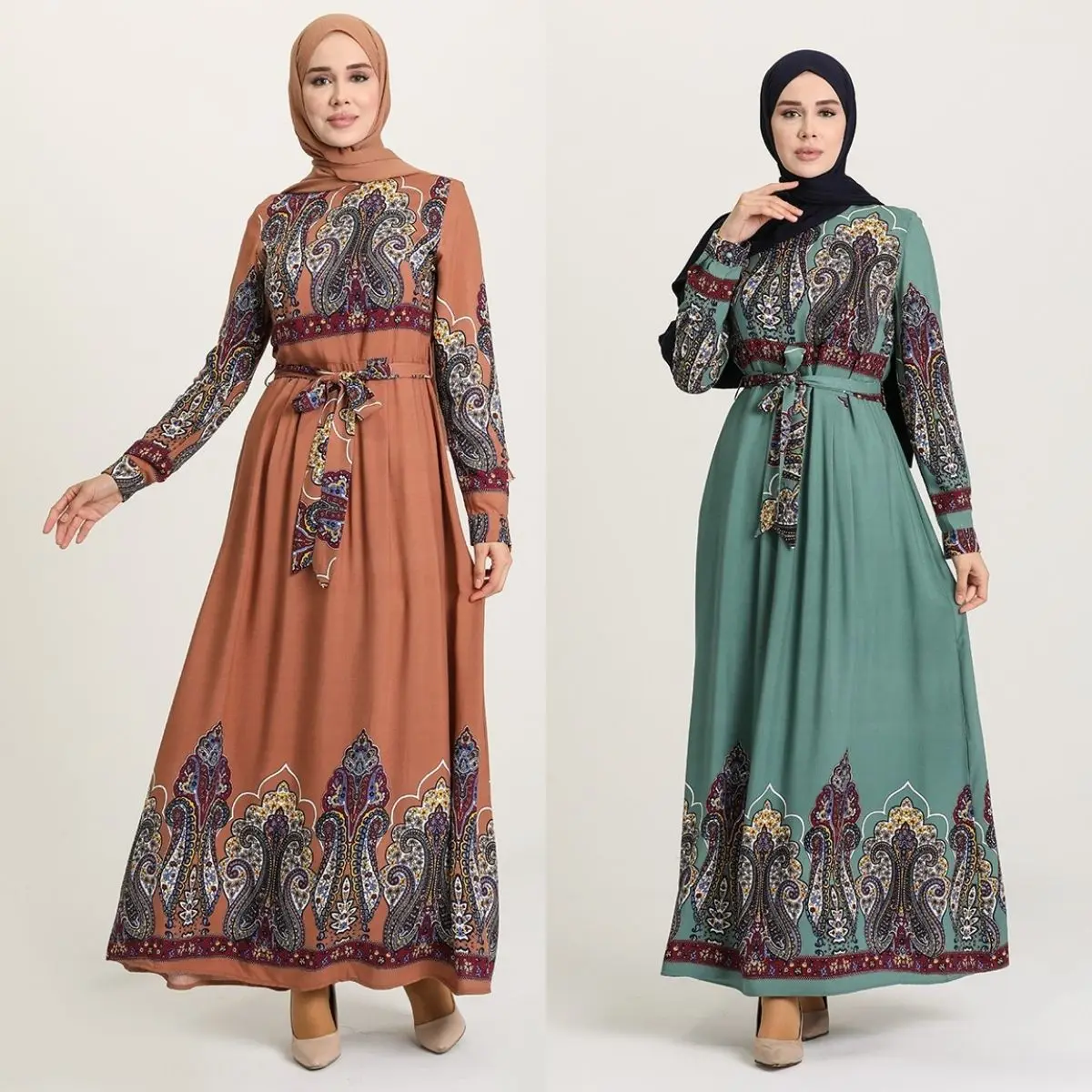 Patterned Viscose Dress Long Long Sleeve Belted Floral Zero Collar Winter Seasonal Women Muslim  Fashion   Turkey  Dubai Islamic