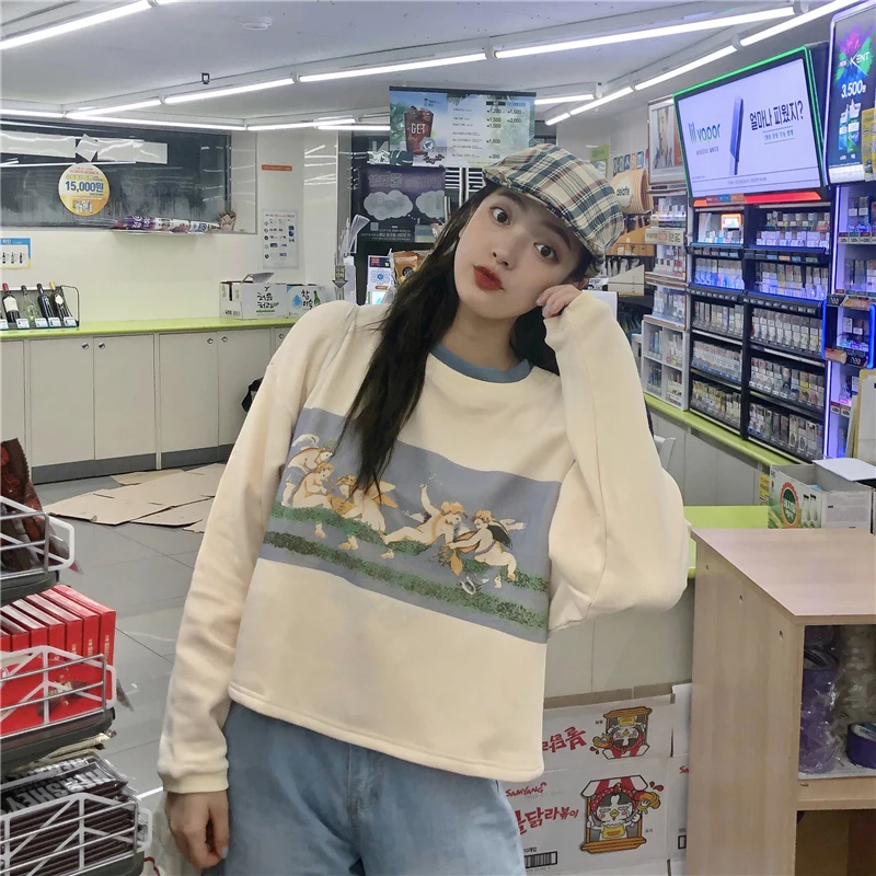 Ангелы мультфильм печати Harajuku Осень и зима толстый женский укороченный свитер корейский стиль свободный негабаритный пуловер