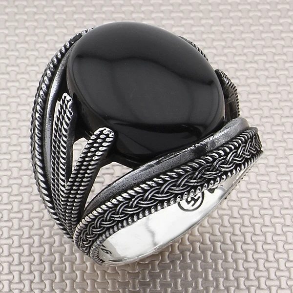 

Knit Patterned 925 Sterling Silver Black Onyx Gemstone Men's Ring Jewellery Handmade Ring with Natural Gemstone Men Ring