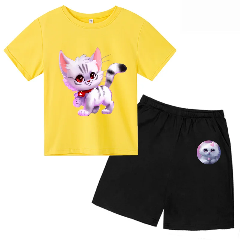 

Kawaii Cat Tshirt Girls Summer New Toddler Kids Baby Fashion Outfits Clothes Set Shirt Cotton Top 2PCS Outfit 4-16Y