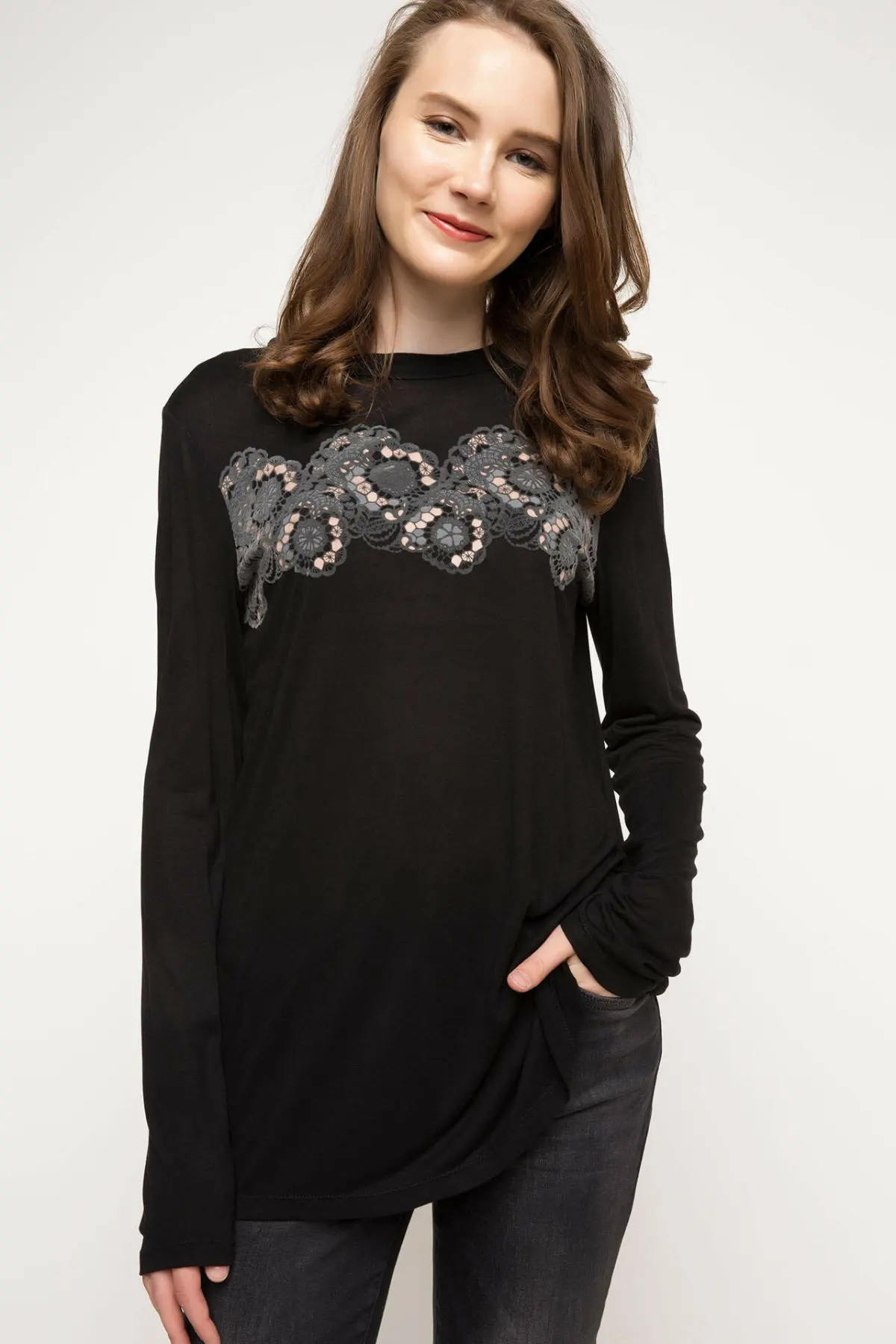 DeFacto Женская Кружевная футболка с длинным рукавом черная армейская зеленая