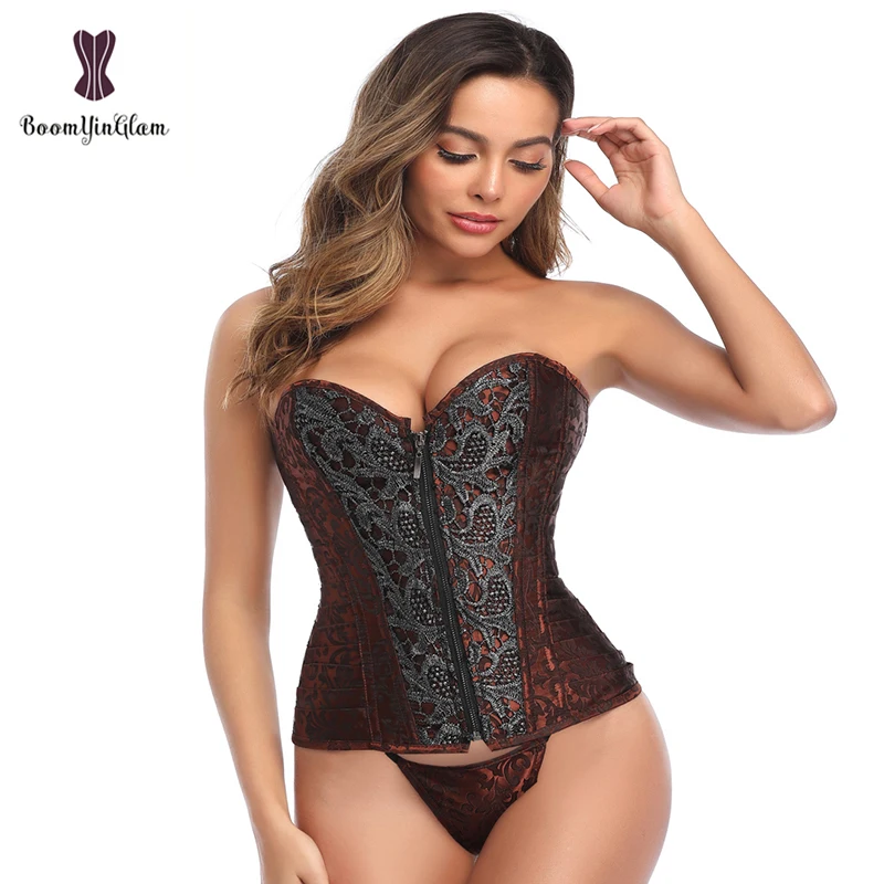 

Brown Steampunk Brocade Korsett Women Front Zip Open and Faux Leather Corset Top Upholstery For Halloween