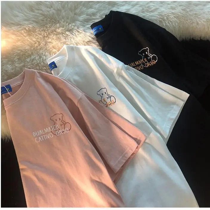 

Summer Women'S Hip-Hop Bear Letter Printing T-Shirt Streetwear Harajuku T-Shirt Cotton Short-Sleeved T-Shirt Black White Pink