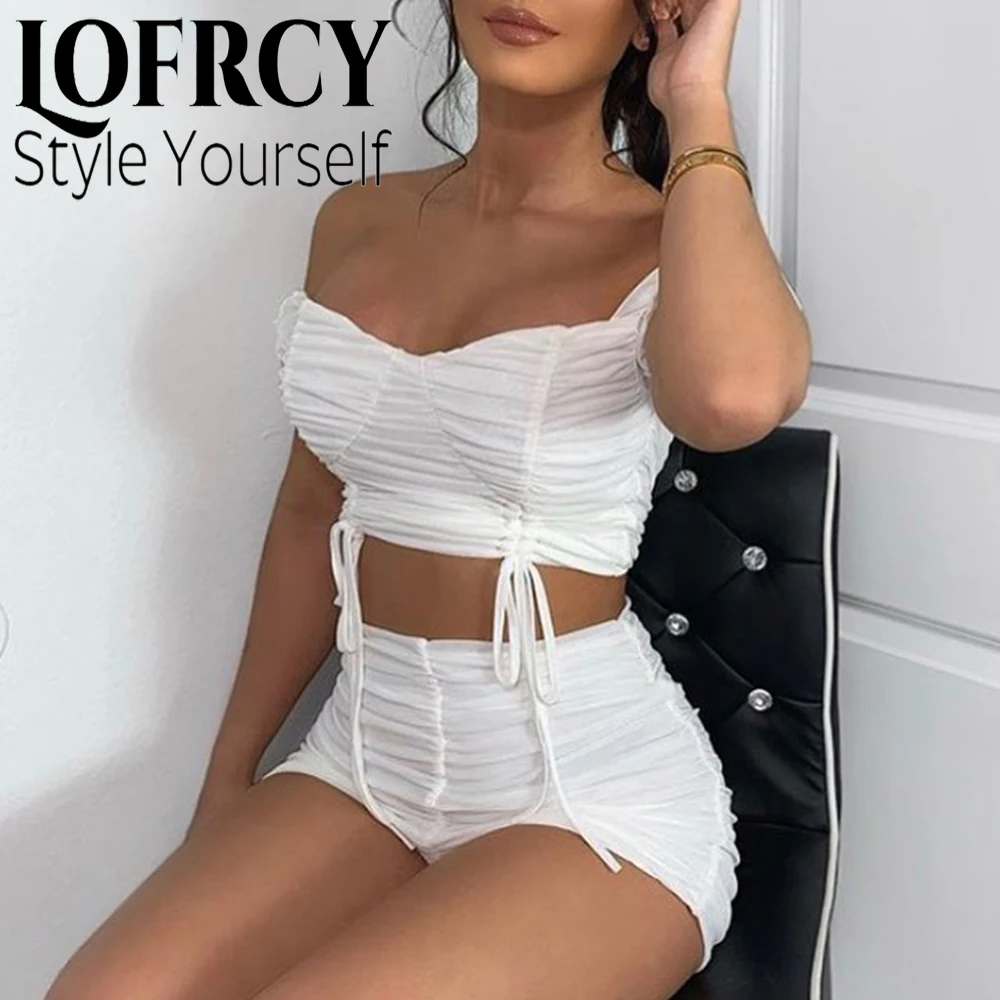 

Женские топы с рюшами и открытыми плечами Lofrcy, 2 предмета, сетчатые тюлевые элегантные модные короткие топы на молнии с кулиской, короткий ко...