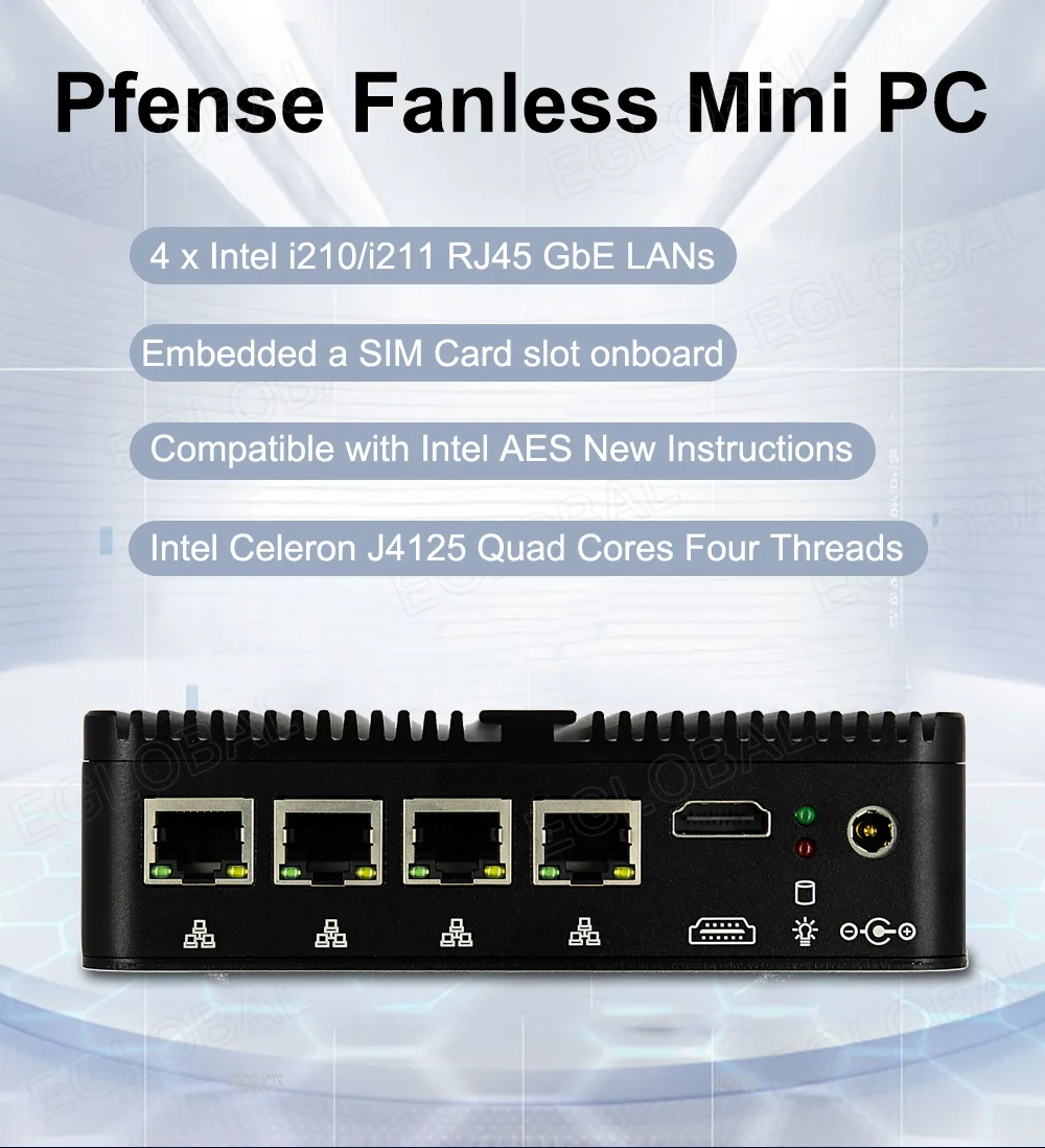 Eglobal Fanless Pfsense Mini PC J4125 Quad Cores 4*Intel i210/i211 LANs HDMI COM Thin Industrial Computer as Firewall Router VPN