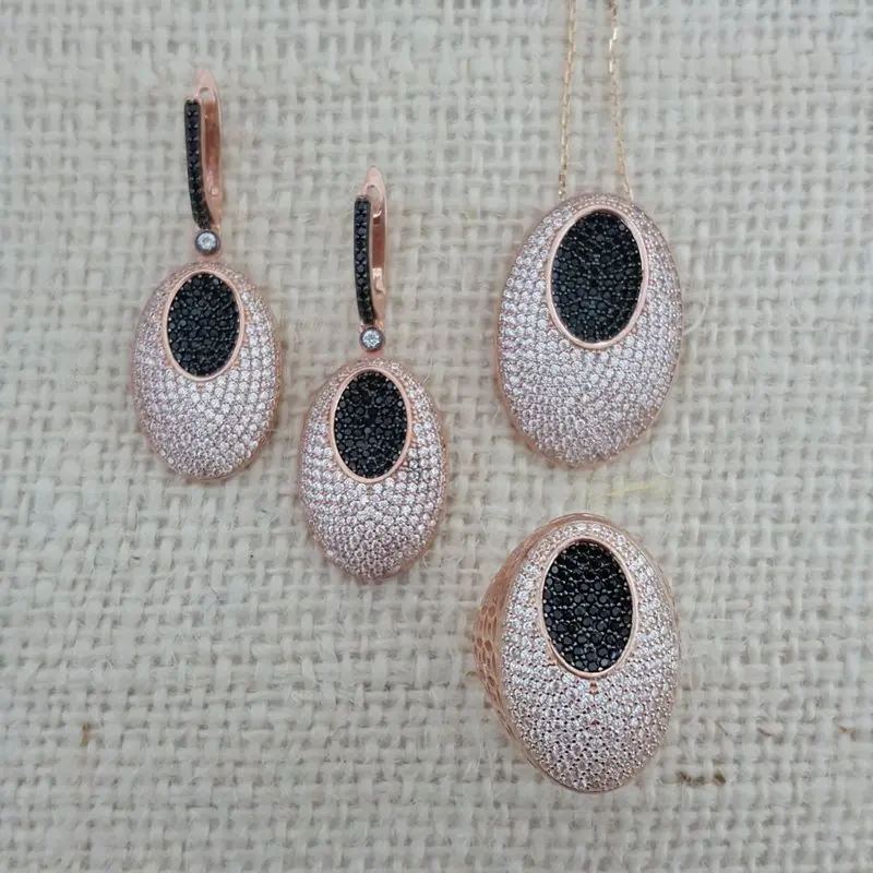 

Silver Set 925 Silver Black and White Ring Earing Necklace Set