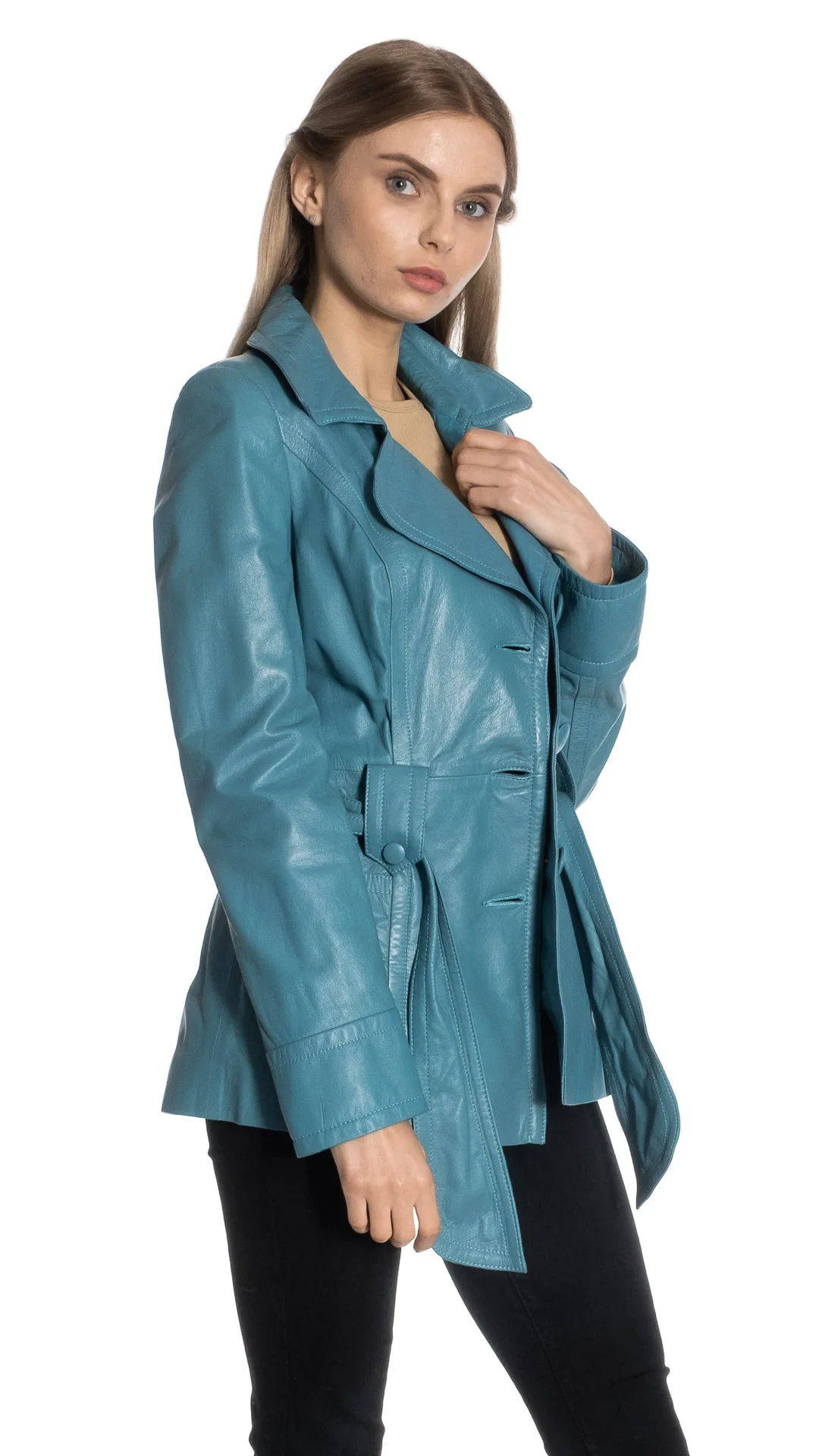 

Genuine leather. Double Breasted Collar. Women jacket