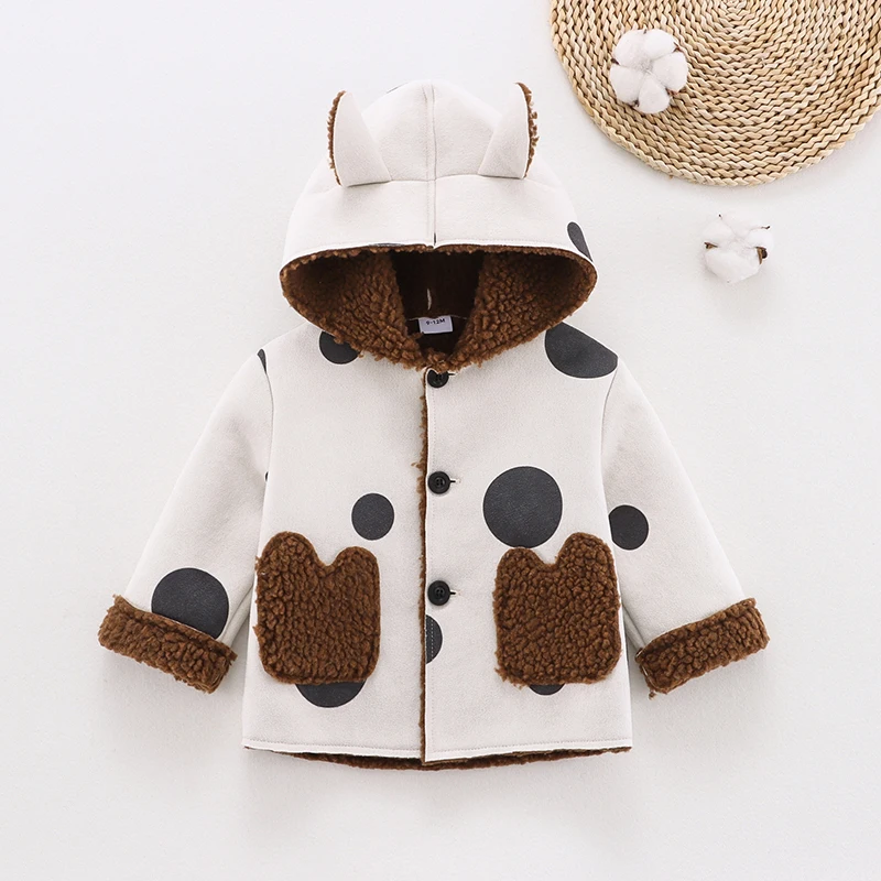 

PatPat Baby All Over Polka Dots 3D Ears Hooded Long-sleeve Thickened Fleece Lined Suede Coat