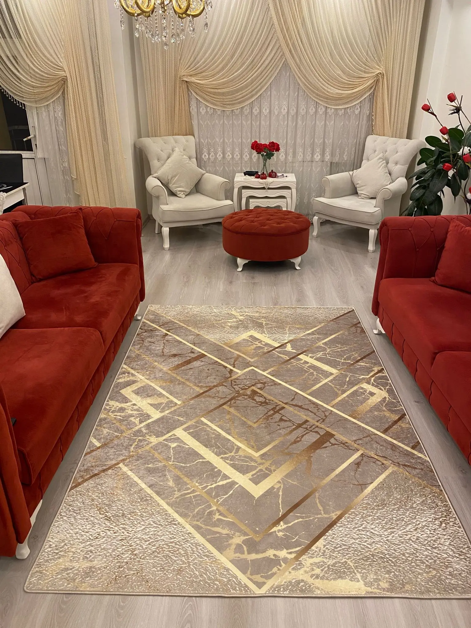 

Decorative Living Room Rug Gold Marbled Stripe Pattern Faux Leather Anti-Slip Soles Cold-Proof Feature Home Decoration Carpet