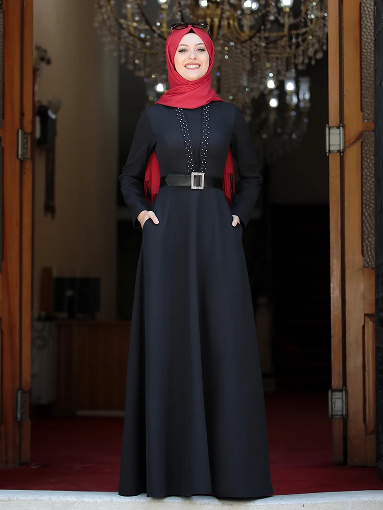 Женское вечернее платье с поясом с жемчугом, длинная гибкая мусульманская одежда, сделано в Дубае