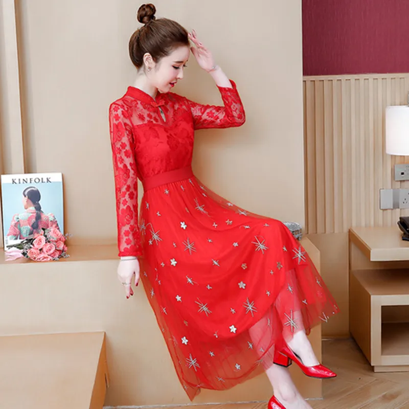 Lace dress 2020 spring new fashion stand-up collar long-sleeved lace stitching was thin temperament dress