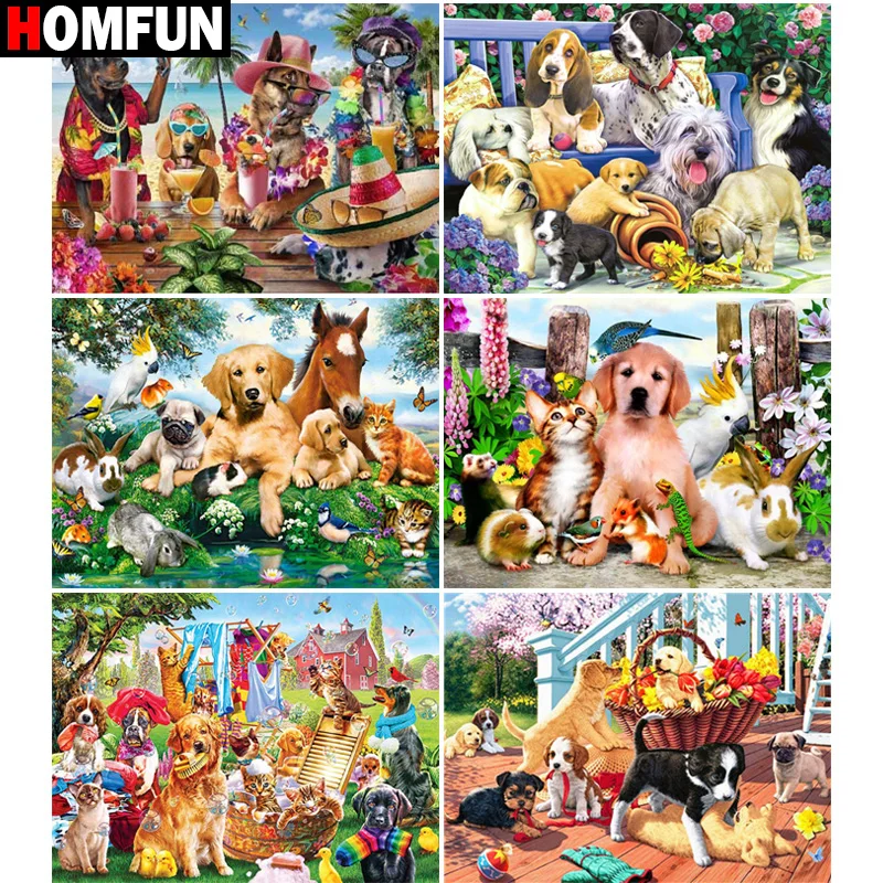 

HOMFUN Square Round Drill 5D Diamond Painting Environmental Crafts Full Diamond Embroidery "Dog Rabbit" Home decor