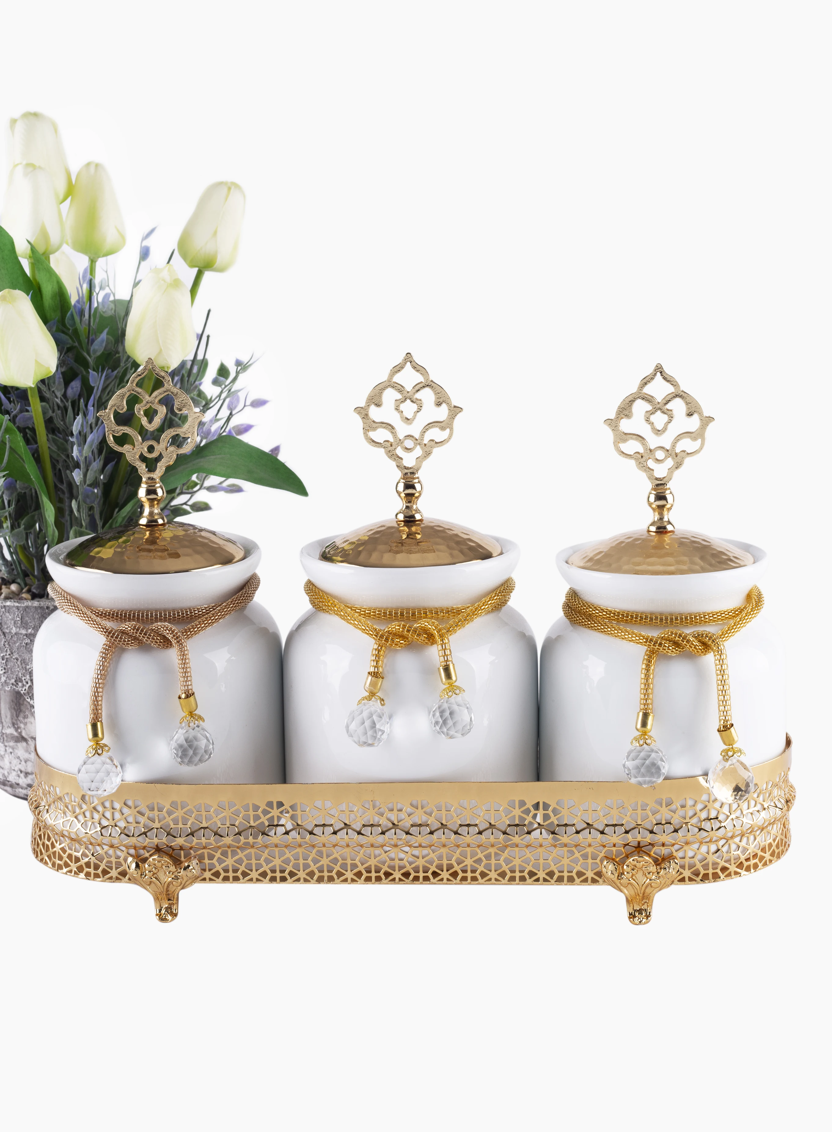 

3 Piece Porcelain Spice Coffee Tea Rice Storage Jar Gold Colour Kitchen Set Classical Design Luxury Metal Stylish Decorative
